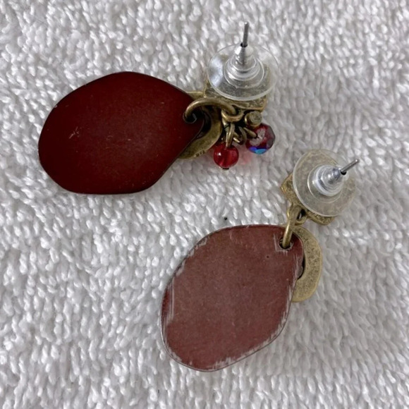 Vintage  Handmade Burgundy Gold Dangly Pierced Earrings - Picture 2 of 6